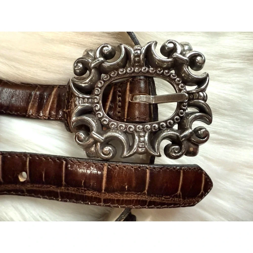 Vtg ALC Leather Concho Belt Women L Western Boho Buckle Stamped Alligator Print